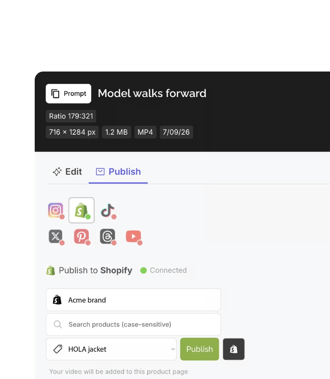 Publishing panel connected to Shopify and social channels